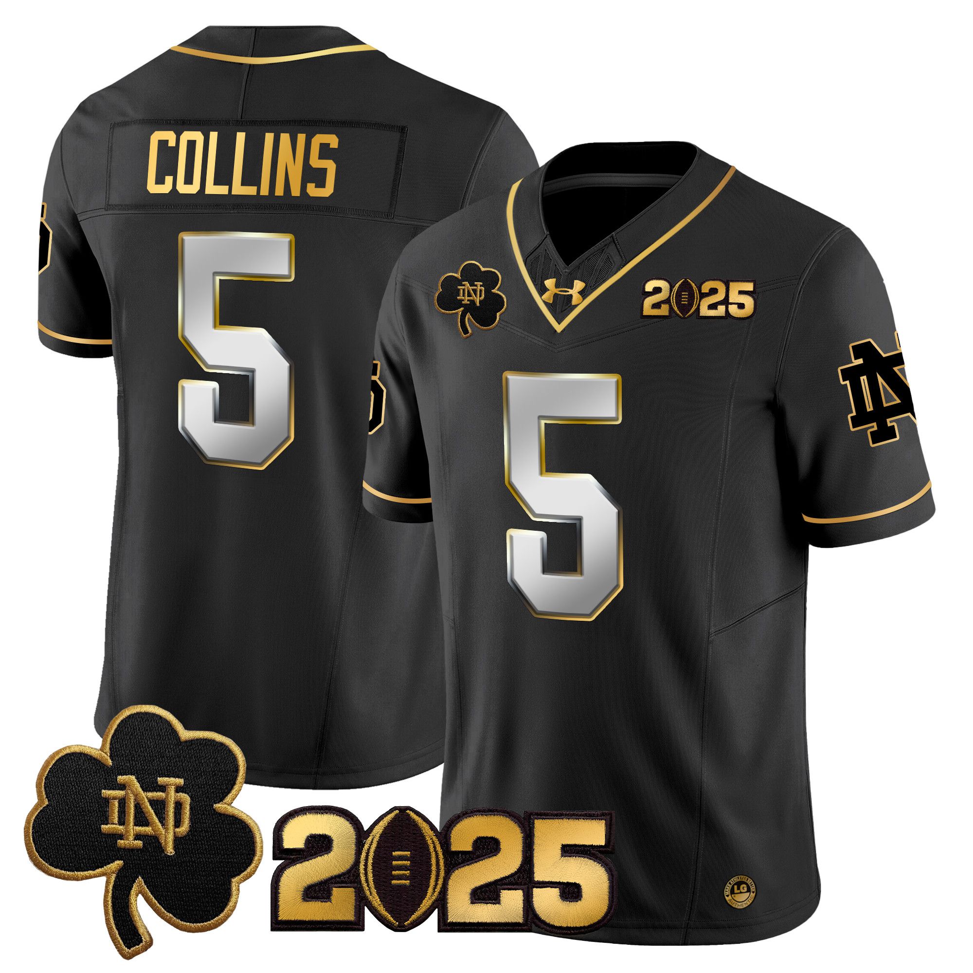 Men Notre Dame Fighting Irish 5 Collins Black 2025 CFP Final Patch Gold Vapor Limited NCAA Jersey style 2